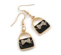Pendientes de gota esmaltados negros con bolsa de lazo de cristal en tono dorado, 45 mm de largo, talla única, esmaltado