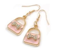 Pendientes de gota esmaltados rosa claro con bolsa de lazo de cristal en tono dorado, 45 mm de largo, talla única, esmaltado, Diamante.