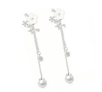 Pendientes de gota florales de circonita cúbica brillante, cadena de perlas de imitación, joyería nupcial chapada en oro o plata, accesorio de boda, joyería de moda brillante, aretes ligeros, talla