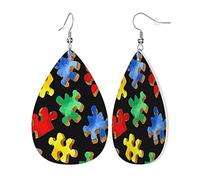 Pendientes De Gota Rompecabezas Colorido De Concientización Sobre El Autismo, Pendientes De Mujer Largos De Cuero Cómodo Aretes De Lágrima Moda Pendientes De Cuero Mujer Para Fiesta Niñas