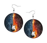 Pendientes de guitarra en fuego y agua, guitarra ardiente, forma redonda, pendiente de cuero, ligero, colgante, joyería para mujeres y niñas, perfecto para el uso diario