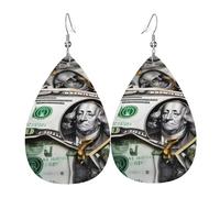 Pendientes de lágrima colgantes elegantes con patrones de billetes para mujer, aretes de cuero ligeros, diseño versátil para el día a día