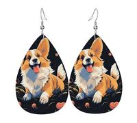 Pendientes de lágrima de cuero para mujer, diseño de perro corgi sobre fondo oscuro, ligeros, joyería de moda, regalos para mujeres y mujeres