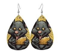 Pendientes de lágrima de cuero para mujer, diseño de rata come un pedazo de queso, aretes colgantes ligeros, joyería de moda, regalos para mujeres y mujeres