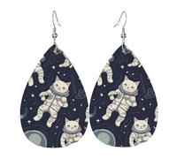 Pendientes de lágrima de cuero para mujer, divertidos gatos astronautas, ligeros, aretes colgantes de joyería de moda para mujeres y mujeres