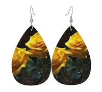 Pendientes de lágrima de cuero para mujer, hermosas rosas amarillas, ligeros, aretes colgantes de joyería de moda para mujeres y mujeres