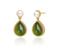 Pendientes de lágrima de jade verde chapados en oro de 14 quilates con tachuelas de perlas, hipoalergénicos, elegantes joyas de piedra natal para mujeres, modernos y atemporales, talla única, Plata,