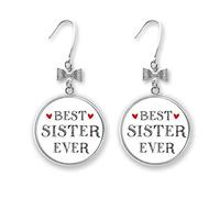 Pendientes de lazo con forma de corazón con texto en inglés "Best sister ever", Plata