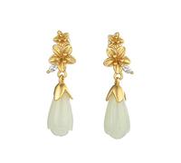 Pendientes de loto con colgante de jade blanco, nefrita y circonita bañados en oro de plata de ley S925 estilo étnico para mujer