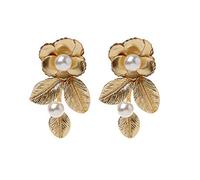 Pendientes de lujo en tono dorado exquisitos con diseño de hoja de perla, decoración de joyería nupcial para mujeres y mujeres