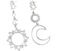 Pendientes de luna y sol, pendientes asimétricos Boho Punk Hollow Star Moon Sun Dangle para mujer (plata)