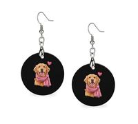 Pendientes de madera con diseño de perro Golden Retriever cálido con bufanda para mujer, aretes redondos colgantes de gota de joyería de moda de 1.2 x 2.4 pulgadas
