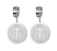 Pendientes de medalla de San Benito de doble cara, aretes de San Benito, patrón de San Benito, amuleto de cruz, joyería cristiana católica, regalo religioso para mujeres, Medio, Acero inoxidable, Sin