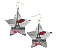 Pendientes de moda para mujer, diseño de Torre Eiffel con paraguas rojo, aretes colgantes celestiales, joyería en forma de estrella para una versatilidad, One Size, Cuero