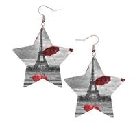 Pendientes de moda para mujer, diseño de Torre Eiffel con paraguas rojo, aretes colgantes celestiales, joyería en forma de estrella para una versatilidad, One Size, Cuero