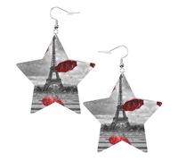 Pendientes de moda para mujer, diseño de Torre Eiffel con paraguas rojo, aretes colgantes celestiales, joyería en forma de estrella para una versatilidad, One Size, Cuero