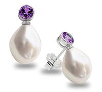 Pendientes de Mujer de Perlas Cultivadas de Agua Dulce Barrocas de 12 a 13 mm con Circonita Grande SECRET & YOU. Diseño Tú y Yo - Pendientes de Plata de Ley Rodiada de 925 con tuerca grande