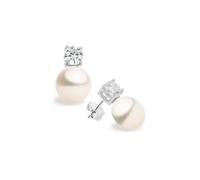 Pendientes de mujer de perlas cultivadas de agua dulce de 11,5 a 12 mm botón con circonita grande SECRET & YOU. Diseño Tú y Yo - Pendientes de Plata de Ley Rodiada de 925 milésimas con tuerca grande.