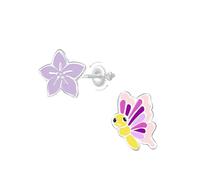 Pendientes de niña de flor púrpura y mariposa rosa de plata 925 - Joya hipoalergénica con cierres de rosca seguros. Regalo lindo y colorido para amantes de la naturaleza