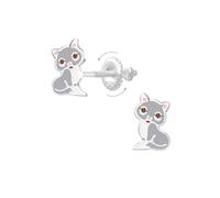 Pendientes de niña gato gris de plata 925 con cierres de rosca seguros. Joya hipoalergénica sin níquel ni plomo, regalo original para amantes de los gatos