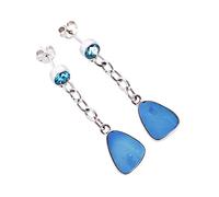 Pendientes de ópalo de fuego y cuarzo azul, cabujones de 14 mm y 5 mm, plata de ley 925, hechos a mano, color azul brillante, joyería bohemia chic, regalo único para mujeres con estilo artístico