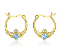 Pendientes de oro Claddagh para mujer, plata de ley 925, aretes irlandeses de corazón de oro de San Patricio, aguamarina azul, piedra natal de marzo, regalos para mamá