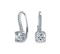 Pendientes de palanca con caída de circonita cúbica solitaria de 2CT, corte princesa brillante cuadrado, pavé CZ para mujeres en plata de ley