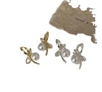Pendientes de perlas con lazo para mujer, adornos de temperamento de moda retro personalizados de lujo, Medio, Metal, Sin piedra preciosa