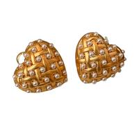 Pendientes de perlas de corazón tejido de inspiración vintage para mujeres, pendientes llamativo de corazón inflado en tono dorado, joyería romántica de moda y regalo