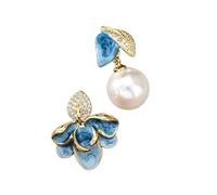 Pendientes de perlas de flores y hojas de esmalte azul, pendientes asimétricas de cobre, joyas suaves, mujeres maduras ligeras, citas de cercanías, amantes del estilo nacional y regalos