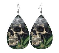 Pendientes De Piel Calavera, Hojas De Cannabis, Marihuana Psicodélica, Hippies, Hierba Modernos Aretes De Cuero Con Forma De Lágrima Textura De Lujo Ligera Para Para Mujeres Y Niñas 2 Pares