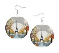Pendientes de piel con diseño de árbol de la ciudad de París, diseño de Torre Eiffel, redondos, de doble cara, con ganchos chapados en plata 925, talla única, plata de ley, piedra dorada, One Size