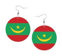 Pendientes de piel con diseño de bandera de Mauritania, redondos, de doble cara, de PVC, con ganchos chapados en plata 925, talla única, plata de ley, piedra dorada, One Size, Plata de ley, vidrio