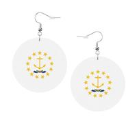 Pendientes de piel con diseño de bandera del estado de Rhode Island, redondos, de doble cara, de PVC, con ganchos chapados en plata 925, talla única, plata de ley, piedra dorada, One Size, Plata de