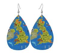 Pendientes de piel con diseño de lágrima con diseño de mapa del Reino Unido, con gancho, para fiestas, uso diario, talla única, Cuero
