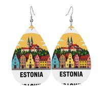 Pendientes de piel con diseño de lágrima de color con diseño de paisaje urbano de Estonia con gancho, para fiestas, uso diario, talla única, Cuero
