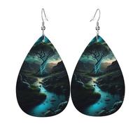 Pendientes de piel con diseño de lágrimas, diseño de río, árboles verdes, cielo estrellado, Navidad, Halloween, mujer, regalos de moda, fiestas, amigas, bodas