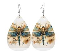 Pendientes de piel con diseño de libélula dorada sobre fondo amarillo. Elegante forma de lágrima, perfectos para mujeres y una gran opción decorativa para fiestas y vacaciones.