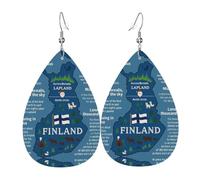 Pendientes de piel con diseño de mapa de Finlandia con varias hazañas, diseño de lágrima, con gancho, para fiestas, uso diario, talla única, Cuero