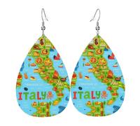 Pendientes de piel con diseño de mapa de Italia con iconos de comida, diseño de lágrima, con gancho, a la moda, vintage, fiesta, uso diario, talla única, Cuero