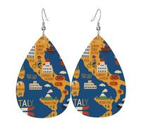 Pendientes de piel con diseño de mapa de Italia con símbolo cultural, diseño de lágrima, con gancho, para fiestas, uso diario, talla única, Cuero