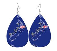 Pendientes de piel con diseño de mapa de Nueva Zelanda con bandera y lágrima, para mujer, con gancho, a la moda, vintage, fiesta, uso diario, talla única, Cuero