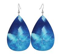 Pendientes de piel con diseño de mariposa estrellada azul para mujer, diseño de lágrima, ligeros, para uso diario, fiesta, fecha, talla única, Cuero