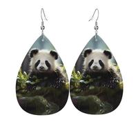 Pendientes de piel con estampado de cachorros de panda en el bosque, aretes de lágrima ligeros perfectos para regalos de Navidad, día de San Valentín