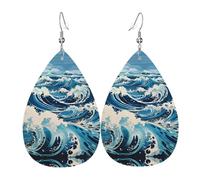 Pendientes de piel con estampado de ondas estilo Ukiyo-e, ligeros, perfectos para Navidad, día de San Valentín