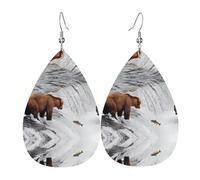 Pendientes de piel con estampado de osos que pescan en el río, para mujer, adecuados para el uso diario, fiestas y citas