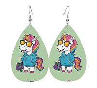 Pendientes de piel con forma de lágrima con estampado de unicornio, diseño de alta gama, aretes de lujo ligeros