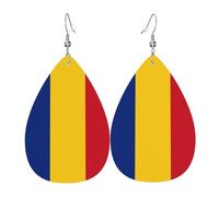 Pendientes de piel con forma de lágrima para mujer, diseño de bandera de Rumanía, con gancho chapado en plata 925, accesorios de vacaciones