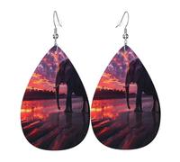 Pendientes de piel con forma de lágrima para mujer, diseño de elefantes africanos dando un paseo bajo la deslumbrante puesta de sol, aretes colgantes ligeros de PVC, ganchos de plata 925, impresiones