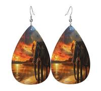 Pendientes de piel con forma de lágrima para mujer, diseño de elefantes africanos dando un paseo por el río bajo la puesta de sol, aretes colgantes ligeros de PVC, ganchos de plata 925, impresiones de